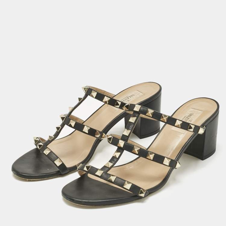 Pre Owned Valentino Black Leather Rockstud Slide Sandals Size 40
