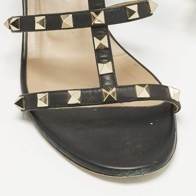 Pre Owned Valentino Black Leather Rockstud Slide Sandals Size 40