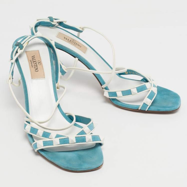 Pre Owned Valentino Blue/White Suede and Leather Rockstud Strappy Sandals Size 38