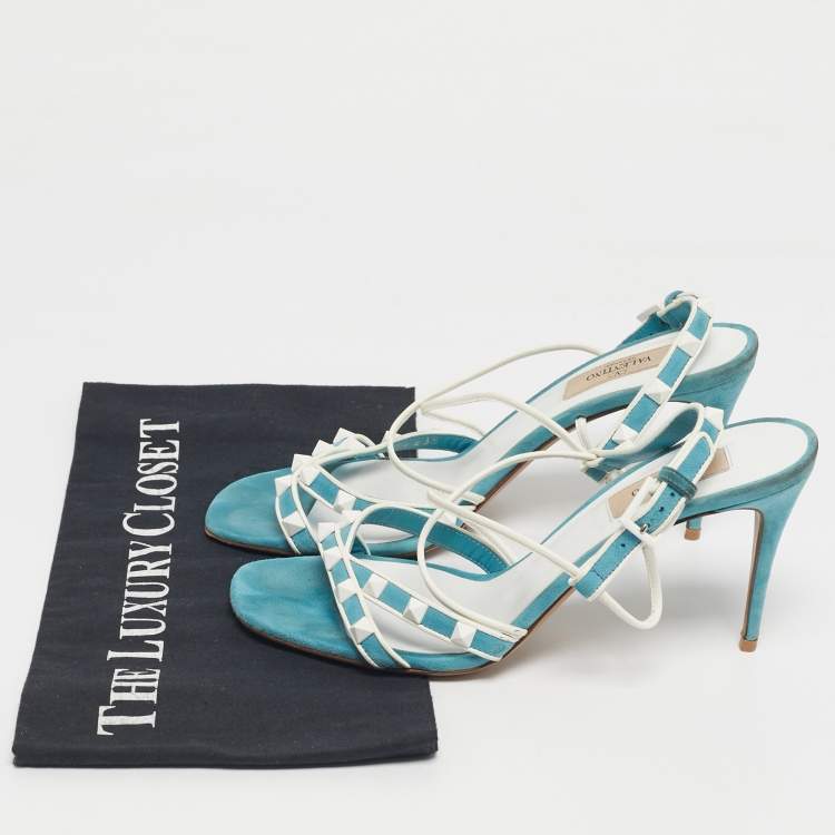 Pre Owned Valentino Blue/White Suede and Leather Rockstud Strappy Sandals Size 38