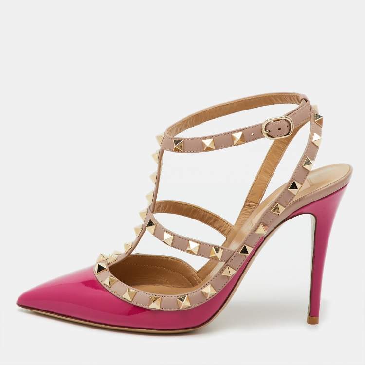 Pre Owned Valentino Pink/Old Rose Patent Leather Rockstud Caged Ankle Strap Pumps Size 39