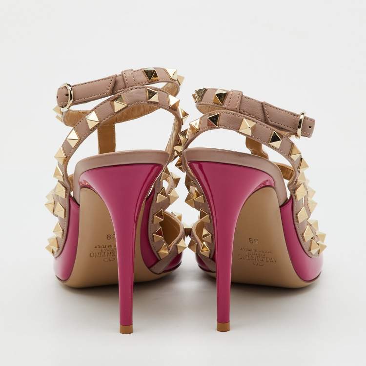 Pre Owned Valentino Pink/Old Rose Patent Leather Rockstud Caged Ankle Strap Pumps Size 39