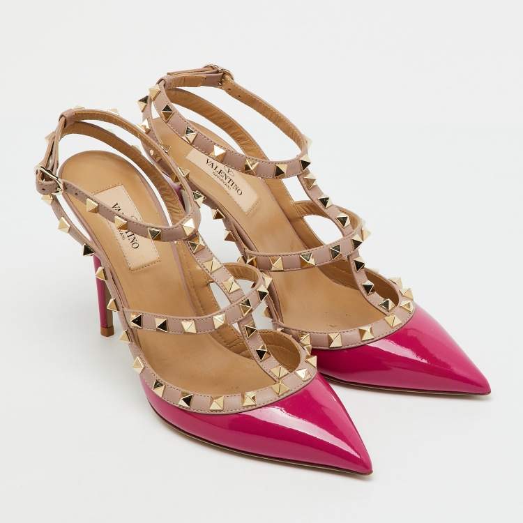 Pre Owned Valentino Pink/Old Rose Patent Leather Rockstud Caged Ankle Strap Pumps Size 39
