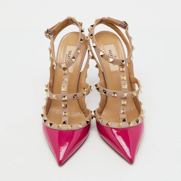 Pre Owned Valentino Pink/Old Rose Patent Leather Rockstud Caged Ankle Strap Pumps Size 39