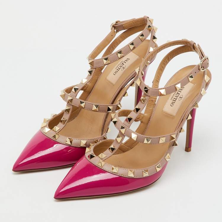 Pre Owned Valentino Pink/Old Rose Patent Leather Rockstud Caged Ankle Strap Pumps Size 39