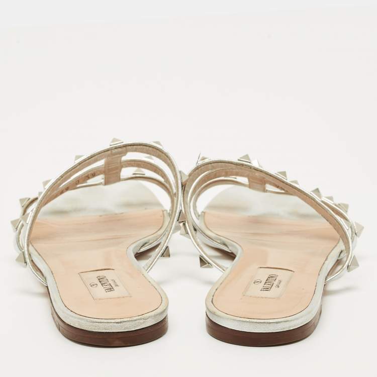 Pre Owned Valentino Silver Leather Rockstud Flat Slide Size 39
