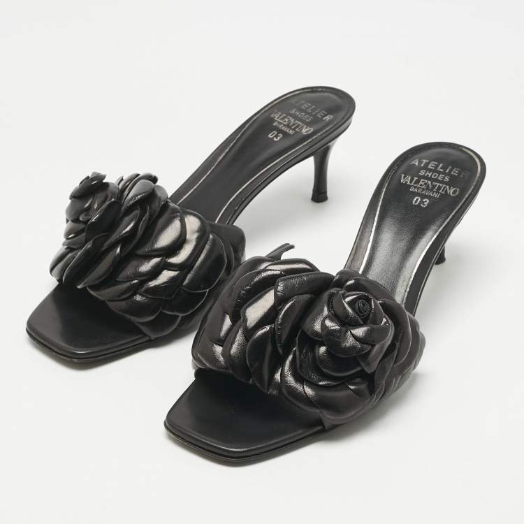 Pre Owned Valentino Black Leather Rose Atelier 03 Slide Sandals Size 38