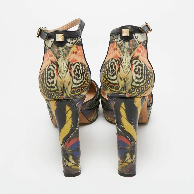 Pre Owned Valentino Multicolor Printed Leather Butterfly Ankle Strap Platform Pumps Size 38
