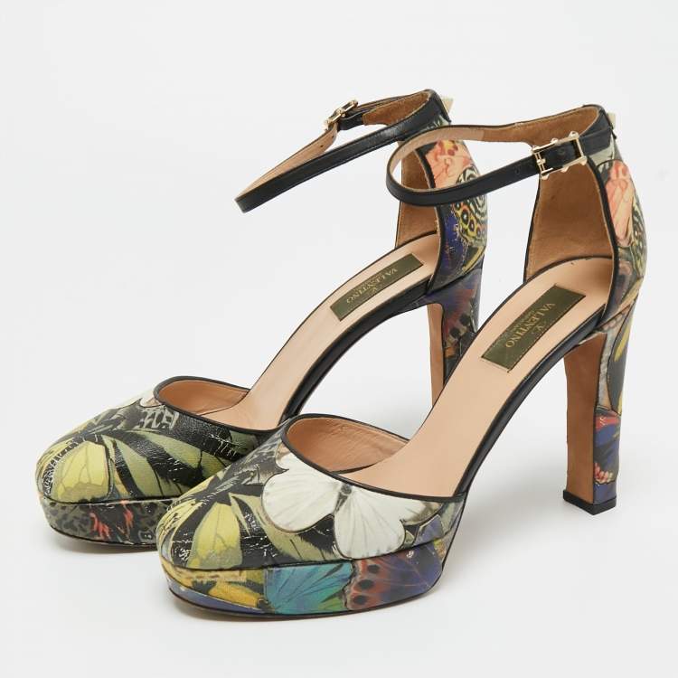 Pre Owned Valentino Multicolor Printed Leather Butterfly Ankle Strap Platform Pumps Size 38