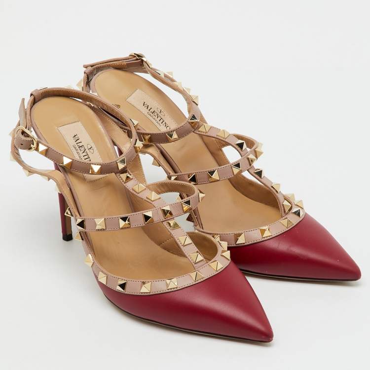 Pre Owned Valentino Red/Beige Leather Rockstud Ankle Strap Pumps Size 39.5