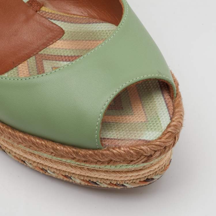 Pre Owned Valentino Light Green Leather Slingback Platform Wedge Sandals Size 38