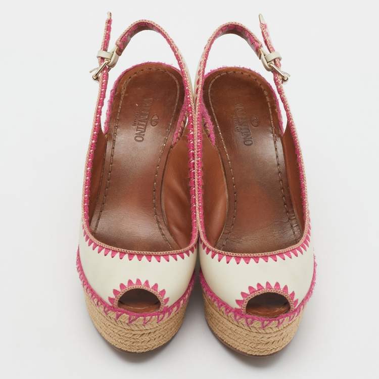 Pre Owned Valentino White Leather Slingback Espadrille Platform Wedge Sandals Size 38