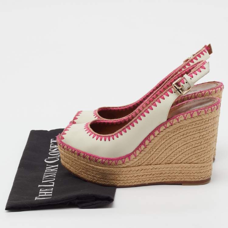 Pre Owned Valentino White Leather Slingback Espadrille Platform Wedge Sandals Size 38