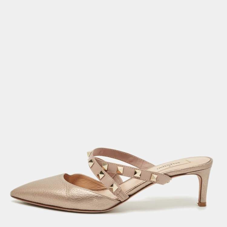 Pre Owned Valentino Metallic Bronze Leather Rockstud Pointed Toe Mules Size 36
