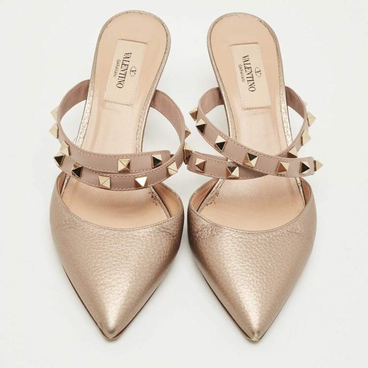Pre Owned Valentino Metallic Bronze Leather Rockstud Pointed Toe Mules Size 36