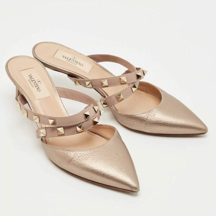 Pre Owned Valentino Metallic Bronze Leather Rockstud Pointed Toe Mules Size 36