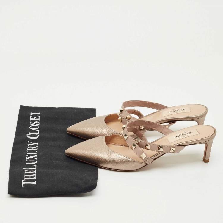 Pre Owned Valentino Metallic Bronze Leather Rockstud Pointed Toe Mules Size 36
