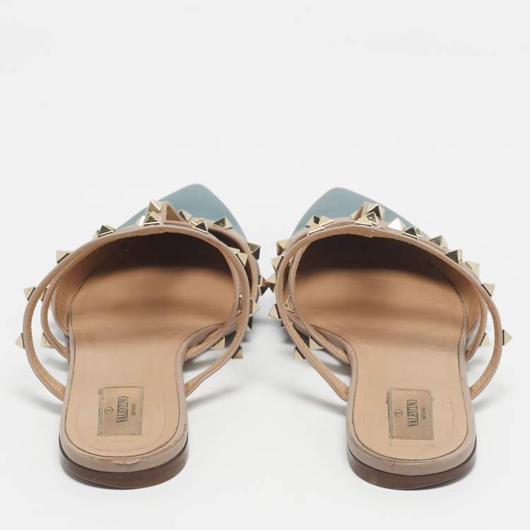 Pre Owned Valentino Grey/Beige Leather Rockstud Mules Size 41