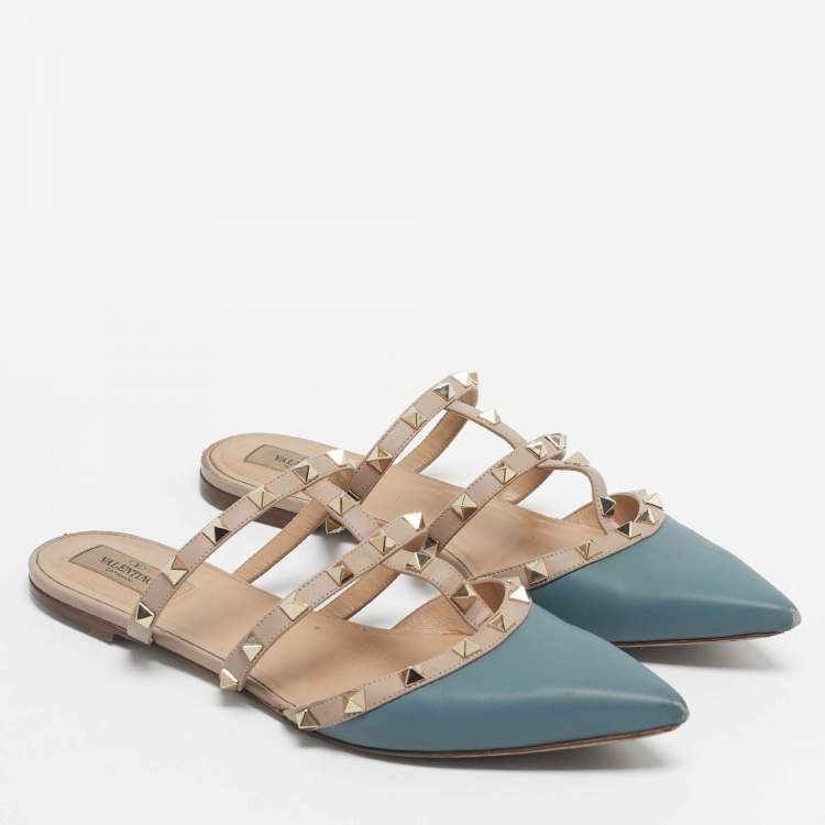 Pre Owned Valentino Grey/Beige Leather Rockstud Mules Size 41