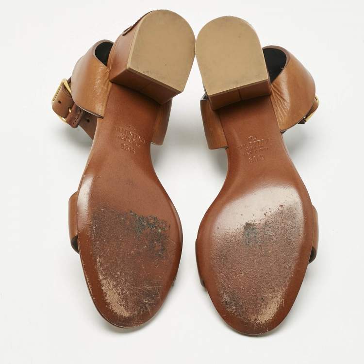 Pre Owned Valentino Brown Leather Ankle Strap Block Heel Sandals Size 35.5