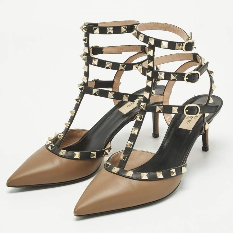 Pre Owned Valentino Brown/Black Leather Rockstud Pumps Size 40.5