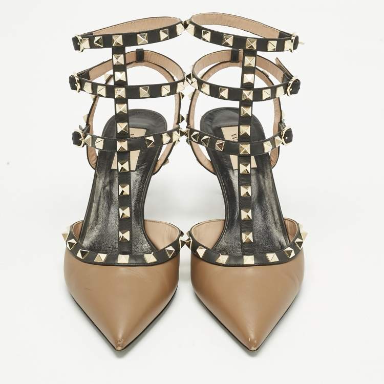 Pre Owned Valentino Brown/Black Leather Rockstud Pumps Size 40.5
