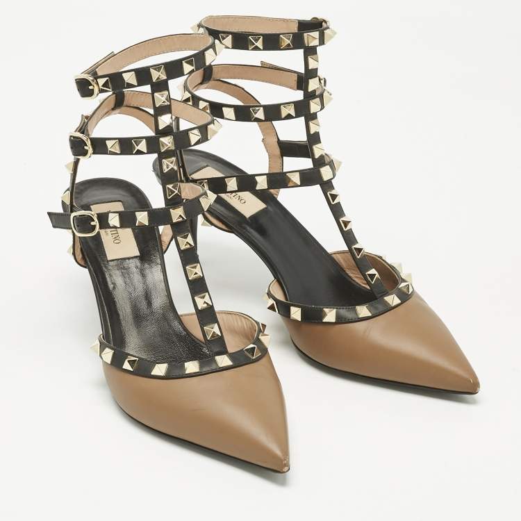 Pre Owned Valentino Brown/Black Leather Rockstud Pumps Size 40.5