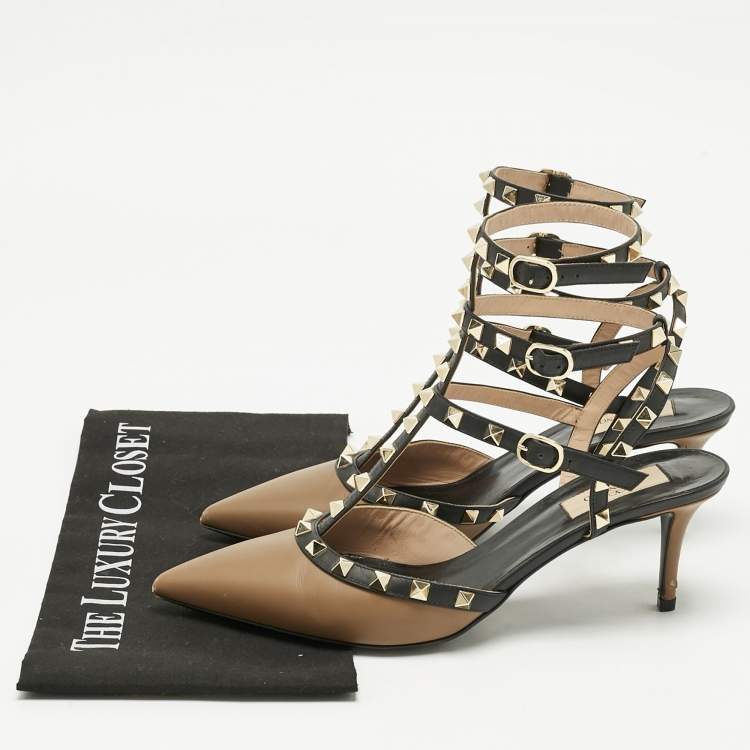 Pre Owned Valentino Brown/Black Leather Rockstud Pumps Size 40.5