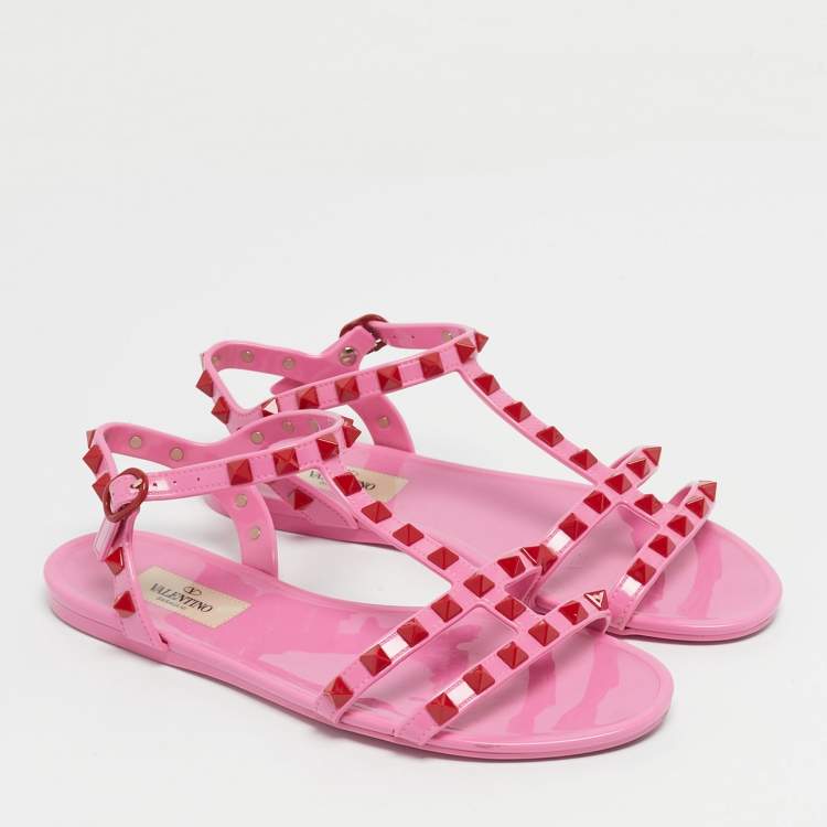 Pre Owned Valentino Pink Rubber Rockstud Ankle Strap Flat Sandals Size 36
