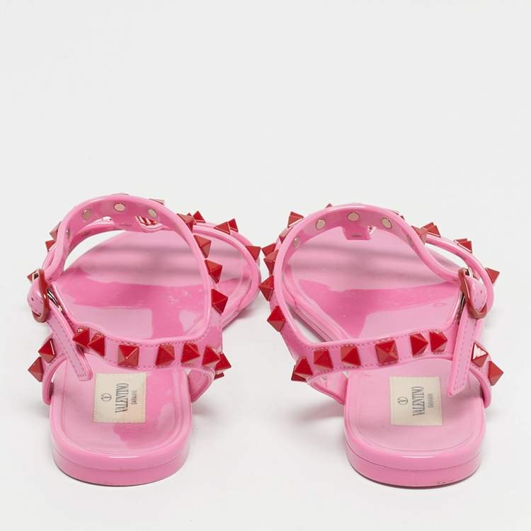 Pre Owned Valentino Pink Rubber Rockstud Ankle Strap Flat Sandals Size 36