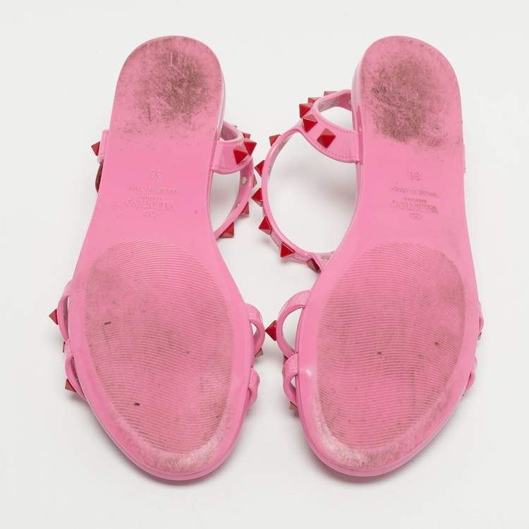 Pre Owned Valentino Pink Rubber Rockstud Ankle Strap Flat Sandals Size 36