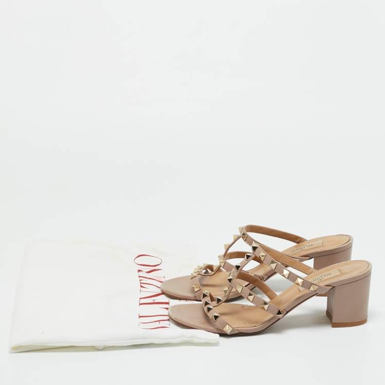 Pre Owned Valentino Beige Leather Rockstud Slide Sandals Size 37