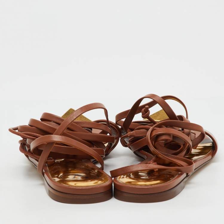 Pre Owned Valentino Brown Leather One Stud Wrap Around Flat Sandals Size 37