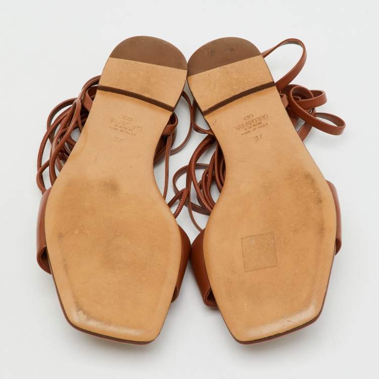 Pre Owned Valentino Brown Leather One Stud Wrap Around Flat Sandals Size 37