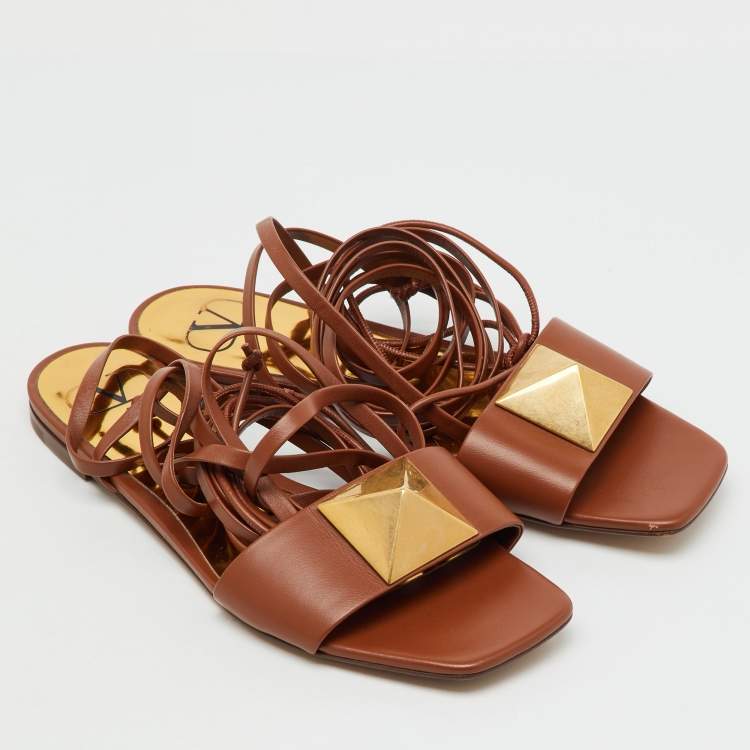 Pre Owned Valentino Brown Leather One Stud Wrap Around Flat Sandals Size 37