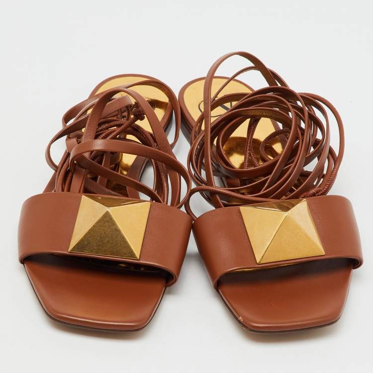 Pre Owned Valentino Brown Leather One Stud Wrap Around Flat Sandals Size 37