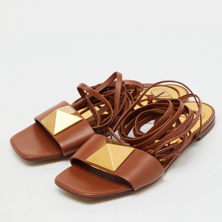 Pre Owned Valentino Brown Leather One Stud Wrap Around Flat Sandals Size 37