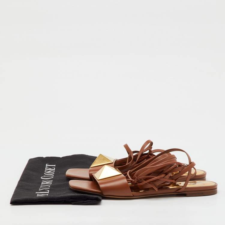 Pre Owned Valentino Brown Leather One Stud Wrap Around Flat Sandals Size 37