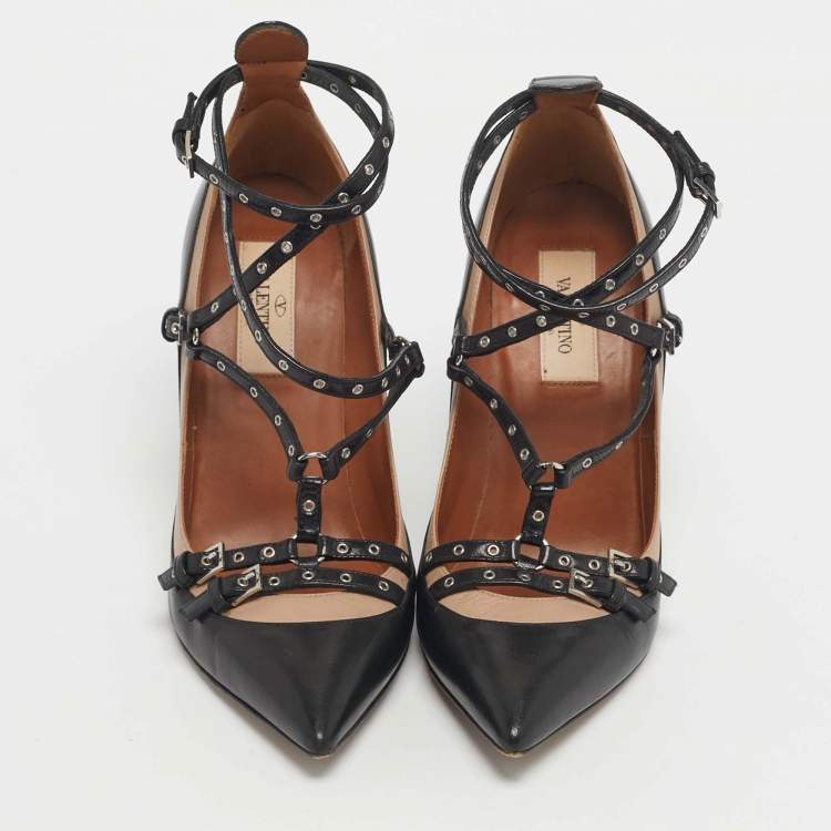 Pre Owned Valentino Black Leather Love Latch Pumps Size 36.5