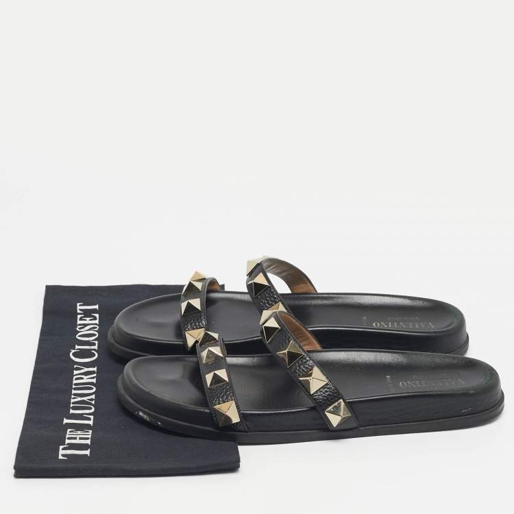 Pre Owned Valentino Black Leather Rockstud Flat Slide Size 41