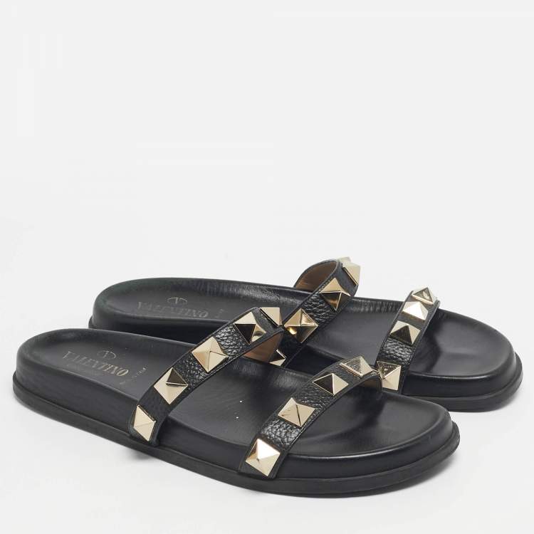 Pre Owned Valentino Black Leather Rockstud Flat Slide Size 41