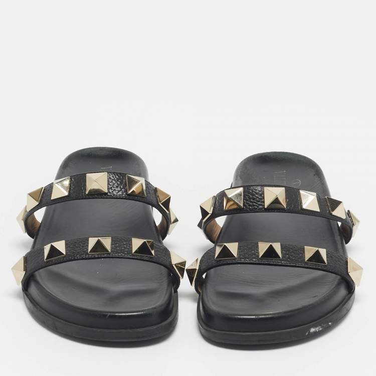 Pre Owned Valentino Black Leather Rockstud Flat Slide Size 41