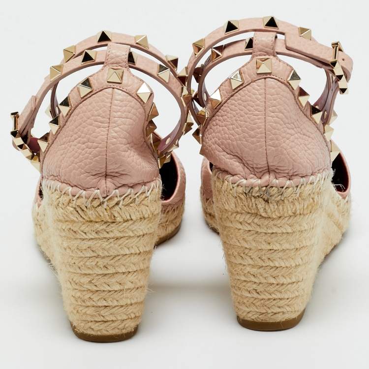 Pre Owned Valentino Blush Pink Leather Rockstud Ankle Strap Wedge Espadrille Sandals Size 41