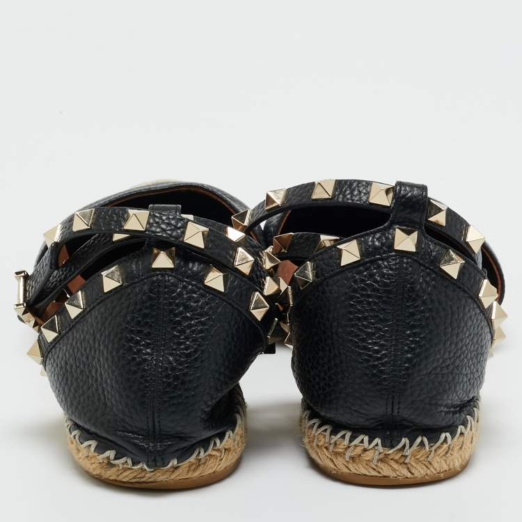 Pre Owned Valentino Black Leather Rockstud Espadrilles Ankle Strap Flats Size 41