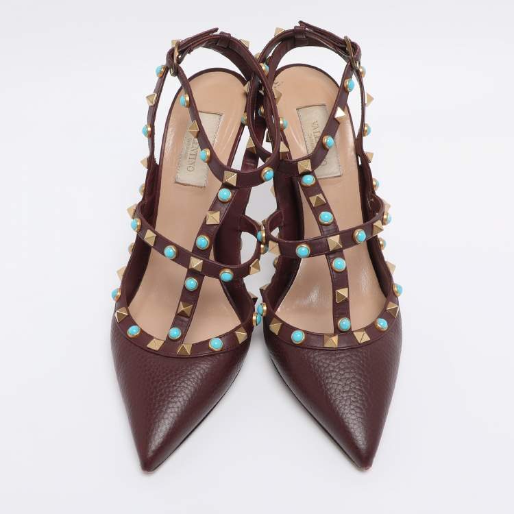 Pre Owned Valentino Burgundy Leather Rolling Rockstud Ankle Strap Sandals Size 39