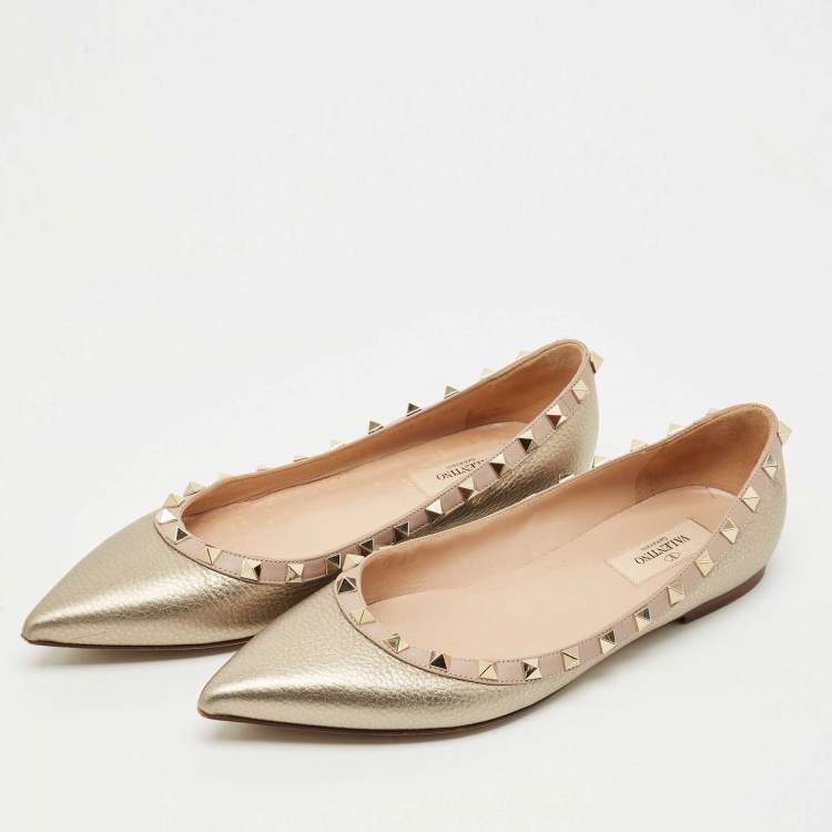 Pre Owned Valentino Gold/Dusty Pink Leather Rockstud Ballet Flats Size 39