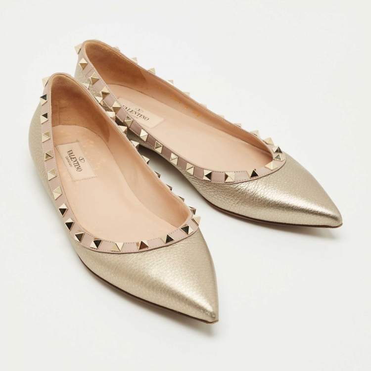 Pre Owned Valentino Gold/Dusty Pink Leather Rockstud Ballet Flats Size 39