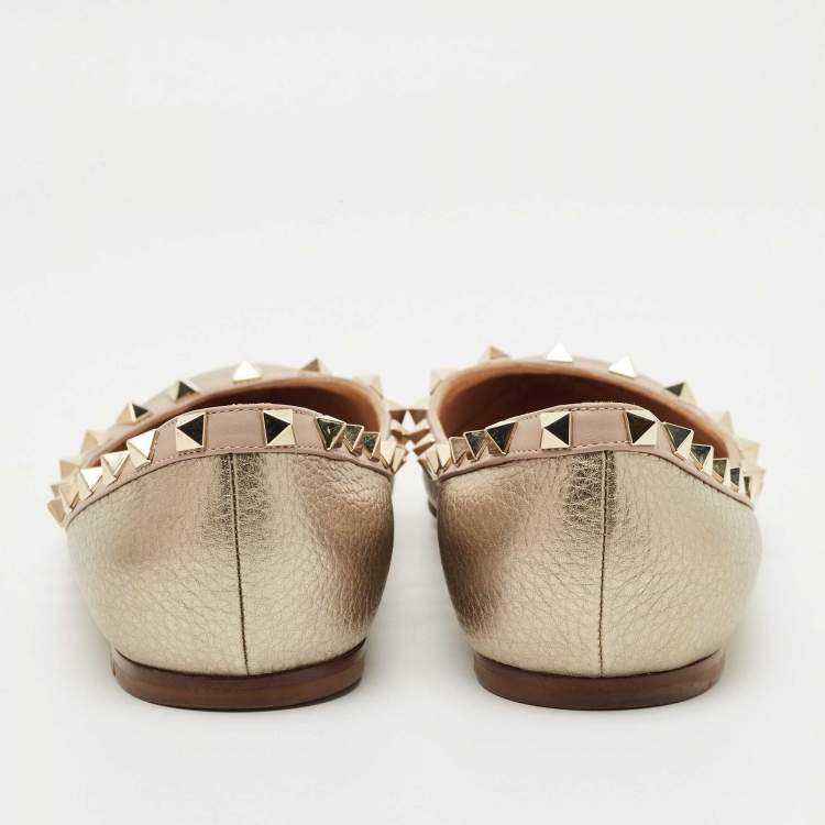 Pre Owned Valentino Gold/Dusty Pink Leather Rockstud Ballet Flats Size 39