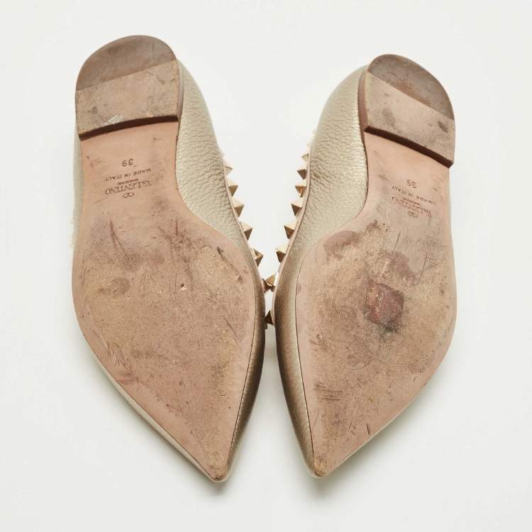 Pre Owned Valentino Gold/Dusty Pink Leather Rockstud Ballet Flats Size 39