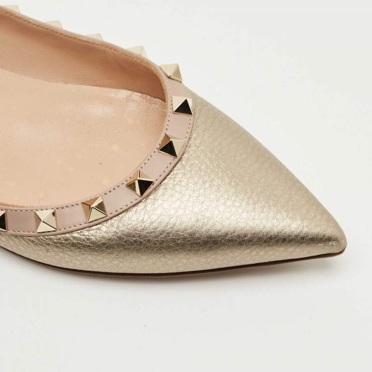 Pre Owned Valentino Gold/Dusty Pink Leather Rockstud Ballet Flats Size 39